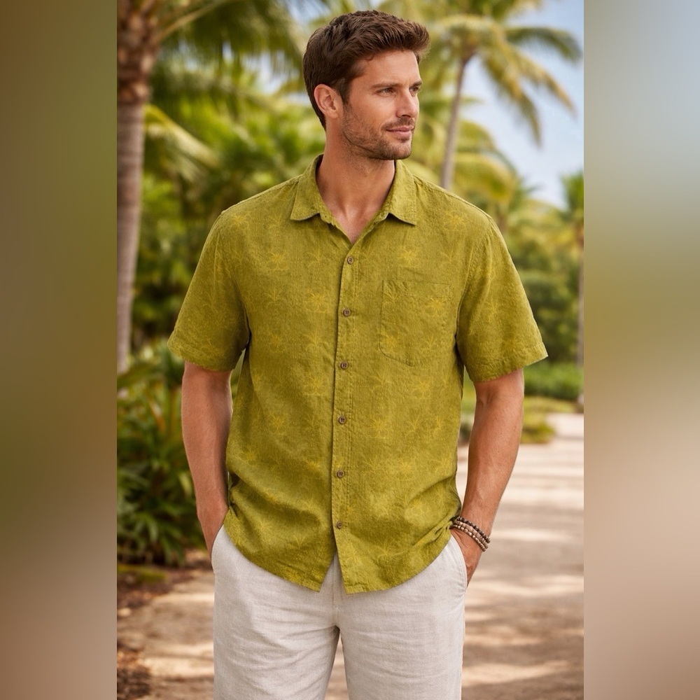 Vntg Tommy Bahamas Silk Men's XLarge Relaxed Aloha Flower Palm Tree Golden Green